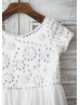 Ivory Chiffon Beaded Short Sleeves Knee Length Flower Girl Dress 